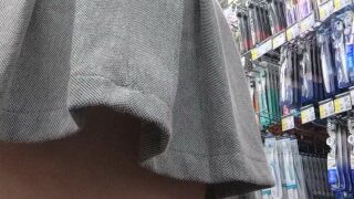 Risky Public Upskirt: Petite girl walks in the shop without panties under skirt