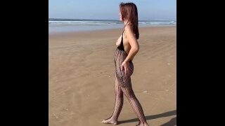 Walking almost naked on a nudist beach. Bouncing tits. Fashion Sexy Lace Mini Dress Fishnet Fetish